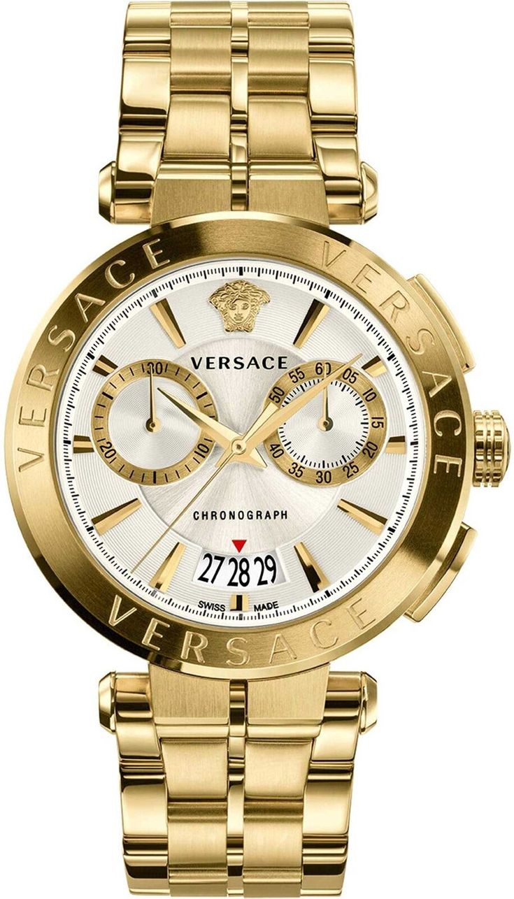 Versace VE1D00419 Aion Chronograph silver gold Stainless Steel Men's Watch NEW VERSACE VE1D004 19 AION Men's Watch FEATURES: Date, Chronograph MOVEMENT: Quartz GLASS: Sapphire Glass DIAL COLOR: silver CASE WIDTH: 45 mm CASE MATERIAL: Stainless Steel CASE COLOR: gold BAND MATERIAL: Stainless Steel BAND COLOR: gold WATER RESISTANCE: 5 ATM EAN 7630030546648 SWISS MADE BRAND NEW WITH TAG, BOX & AUTHENTICITY CARD with Certilogo CLG authenticity code and 2 year international warranty powered by plenty Classy Mens Watches, Marriage Suits, Versace Watches, Yellow Watches, Outfit Ideas Everyday, Mens Designer Watches, Wealthy Affiliate, Versace Jewelry, Versace Watch