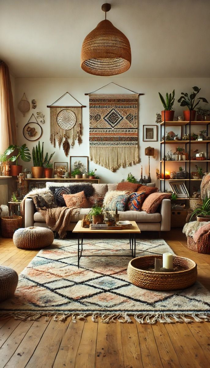 a living room filled with lots of furniture and plants on top of a wooden floor