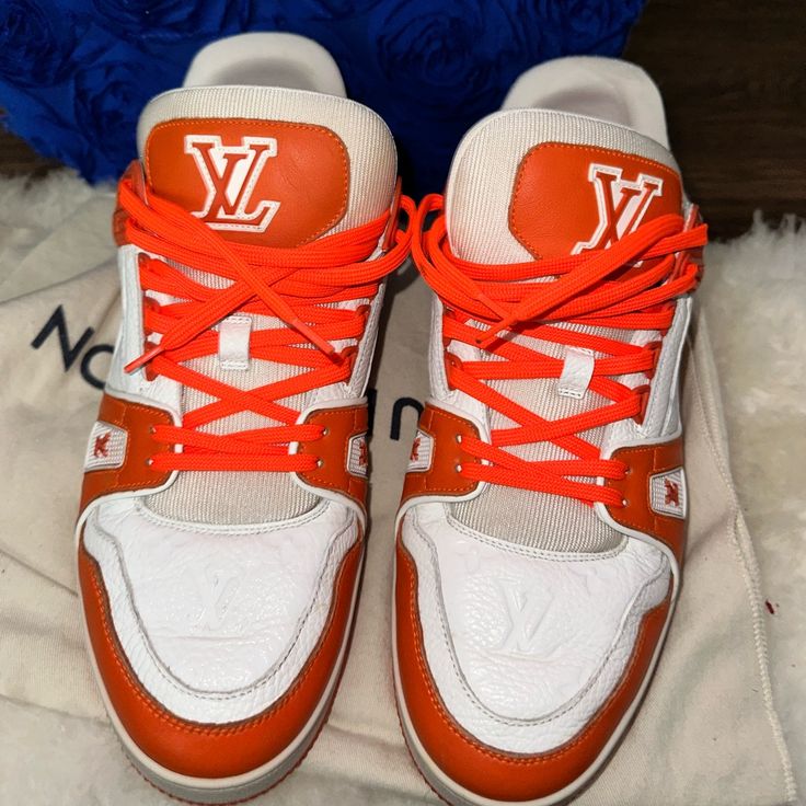 -Mens Louis Vuitton Lv Trainer Sneaker In Orange | Trainer Sneakers, Sneakers, Size 9 Authentic Slightly Used Good Condition Unisex Luxury Casual Orange Custom Sneakers, Sporty Orange Suede Custom Sneakers, Luxury Low-top Orange Custom Sneakers, Designer Orange Sneakers, Custom Orange Leather Sneakers For Streetwear, Luxury Orange Custom Sneakers, Luxury Orange Sneakers, Orange Trainers, Trainer Sneakers