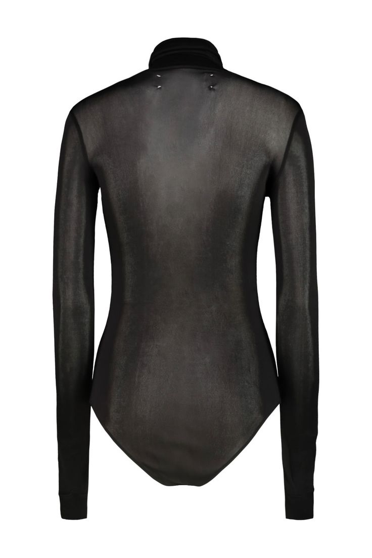 Maison Margiela body in viscose jersey, high neck and long sleeves with cuffs. On the back the Four stitches logo. GTIN code: S51NAO1O4 S24468 Sleek Long Sleeve Bodysuit With Minimal Stretch, Chic Long Sleeve Bodysuit With Minimal Stretch, Elegant High Neck Elastane Bodysuit, Elegant High Neck Bodysuit In Elastane, Elegant Turtleneck Bodysuit For Parties, High Neck Elastane Bodysuit For Party, Sleek Long Sleeve Winter Bodysuit, Long Sleeve Second-skin Bodysuit For Work, Form-fitting Long Sleeve Bodysuit For Work