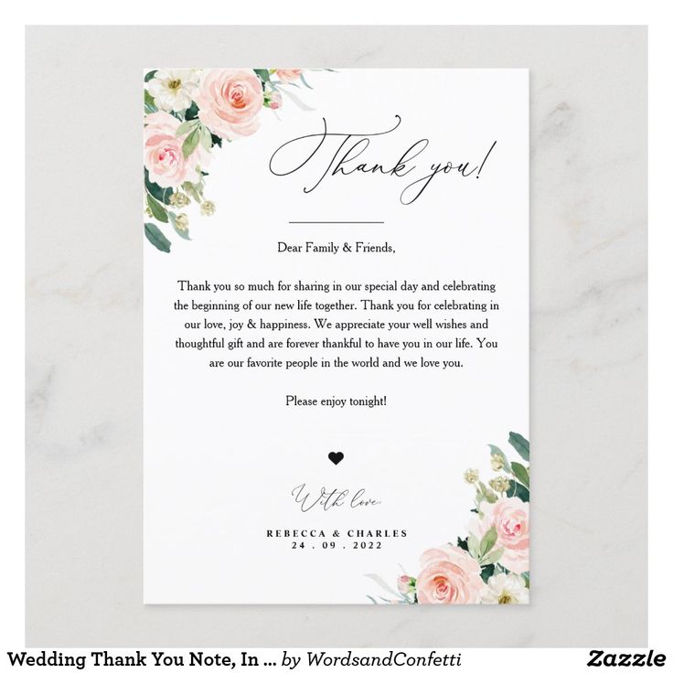 a wedding thank card with pink roses and greenery