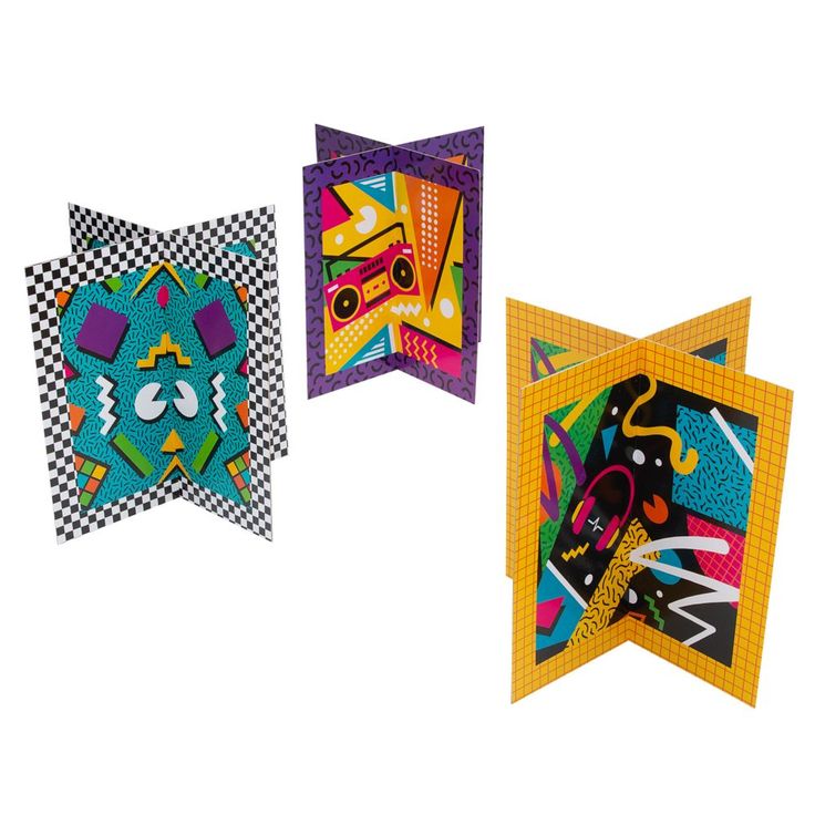 three brightly colored paper cut outs with designs on them