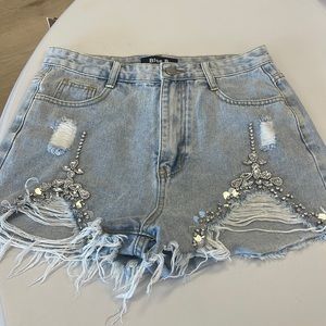 Shorts | 26 Rhinestone Shorts | Poshmark Trendy Mid-rise Bottoms With Rhinestones, Casual Rhinestones Bottoms For Spring, Glamorous Summer Denim Bottoms, Party Denim Jean Shorts With Rhinestones, Rhinestone Denim Jean Shorts For Party, Denim Shorts With Rhinestones For Summer, Summer Denim Shorts With Rhinestones, Trendy Rhinestone Bottoms For Night Out, Mid-rise Bottoms With Rhinestones For Spring