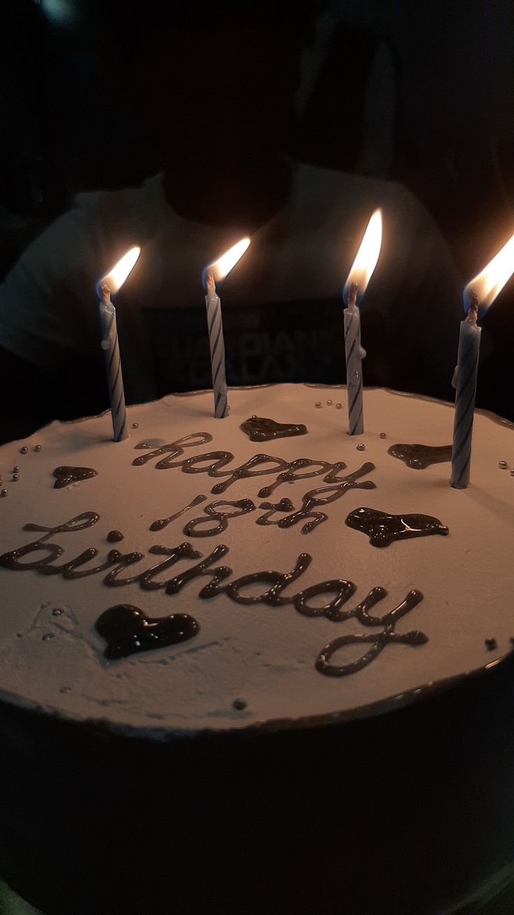 a birthday cake with lit candles on it