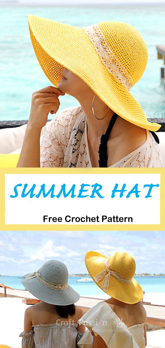 two women in hats sitting on the beach with text overlay that reads, summer hat free crochet pattern