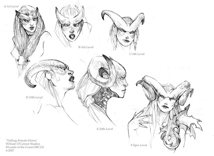 some drawings of different women with horns on their heads