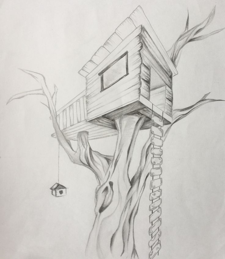 a pencil drawing of a tree house on a branch with a bird hanging from it