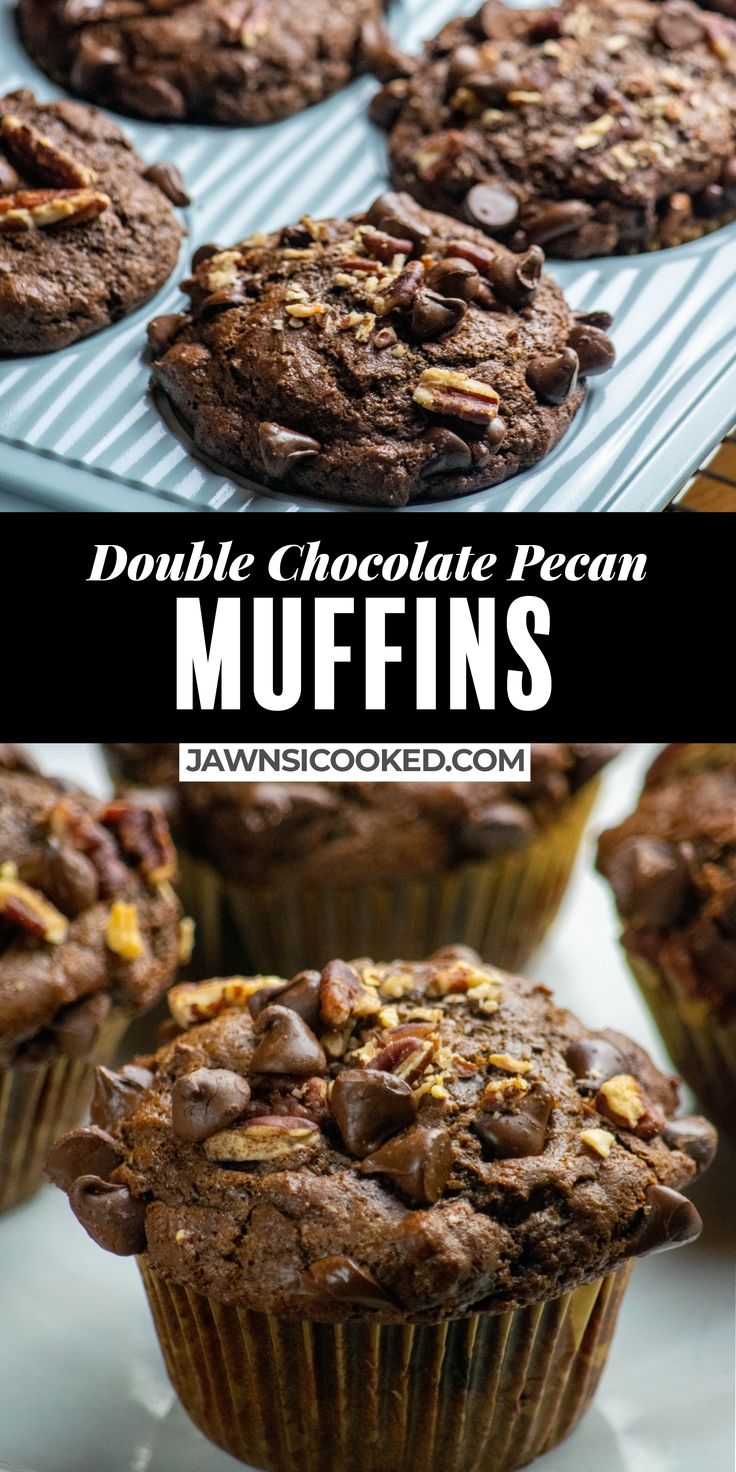 double chocolate pecan muffins on a cooling rack with text overlay that reads double chocolate pecan muffins