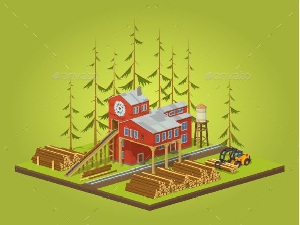 a red house surrounded by trees and logs with a tractor in the foreground - buildings objects