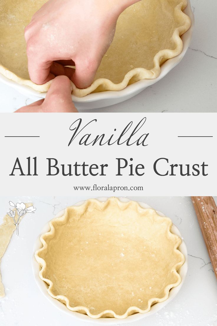 vanilla all butter pie crust in a pie pan with one hand on top and the other holding an uncooked pie crust