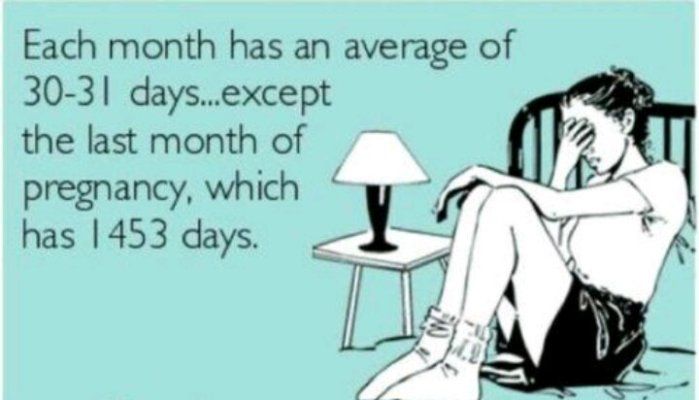 a woman sitting on top of a bed next to a night stand with the words, each month has an average of 30 - 31 days except the last month of pregnant