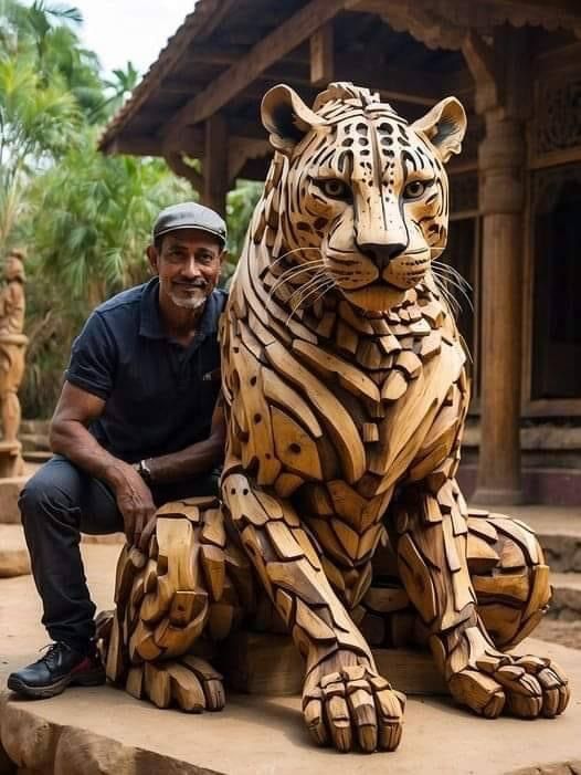 a man sitting next to a wooden tiger statue