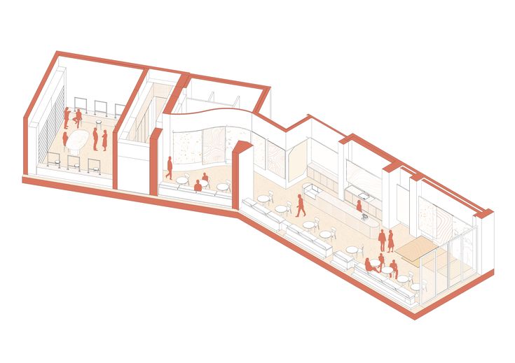 an orange and white diagram shows the inside of a building with people standing in it