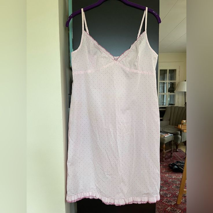 100% Cotton, Never Worn Nightgown. Adjustable Straps, Perfect Condition. Ruffle At Bodice And Hem. Armpit To Armpit Is 16 3/4”, Length Is 33”. Pink With Small Pink Dots. Feminine V-neck Sleepwear For Sleepover, Cotton V-neck Nightgown For Sleepover, Cotton V-neck Nightgown For Bedtime, Feminine Sleepwear With Lace Trim For Sleepover, Feminine V-neck Sleepwear For Pajama Party, Feminine Cotton Nightgown For Pajama Party, V-neck Nightgown With Lace Trim For Sleepover, V-neck Nightgown With Lace Trim, Pink Cotton Nightgown For Overnight