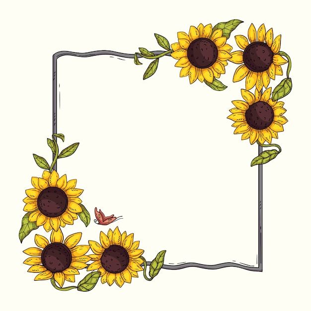 sunflowers with green leaves and a square frame in the middle, on a white background