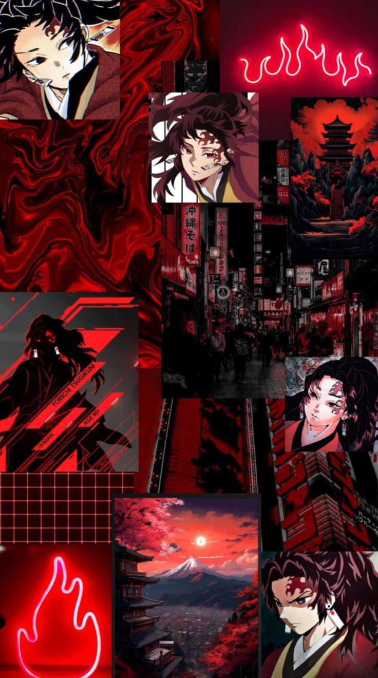 some anime characters with red lights in the background