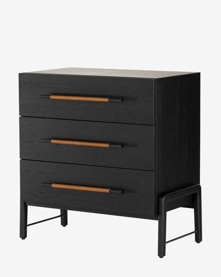 a black dresser with three drawers and two wooden handles on the bottom, against a white background