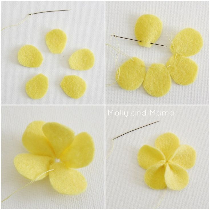 four pictures showing how to make felt flowers