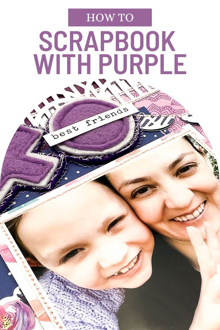 two women are smiling and one is holding her hand to her face with the words scrapbook with purple on it