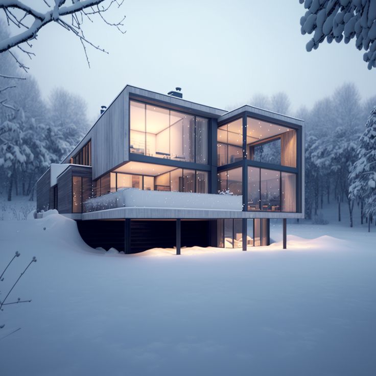 a modern house in the snow surrounded by trees