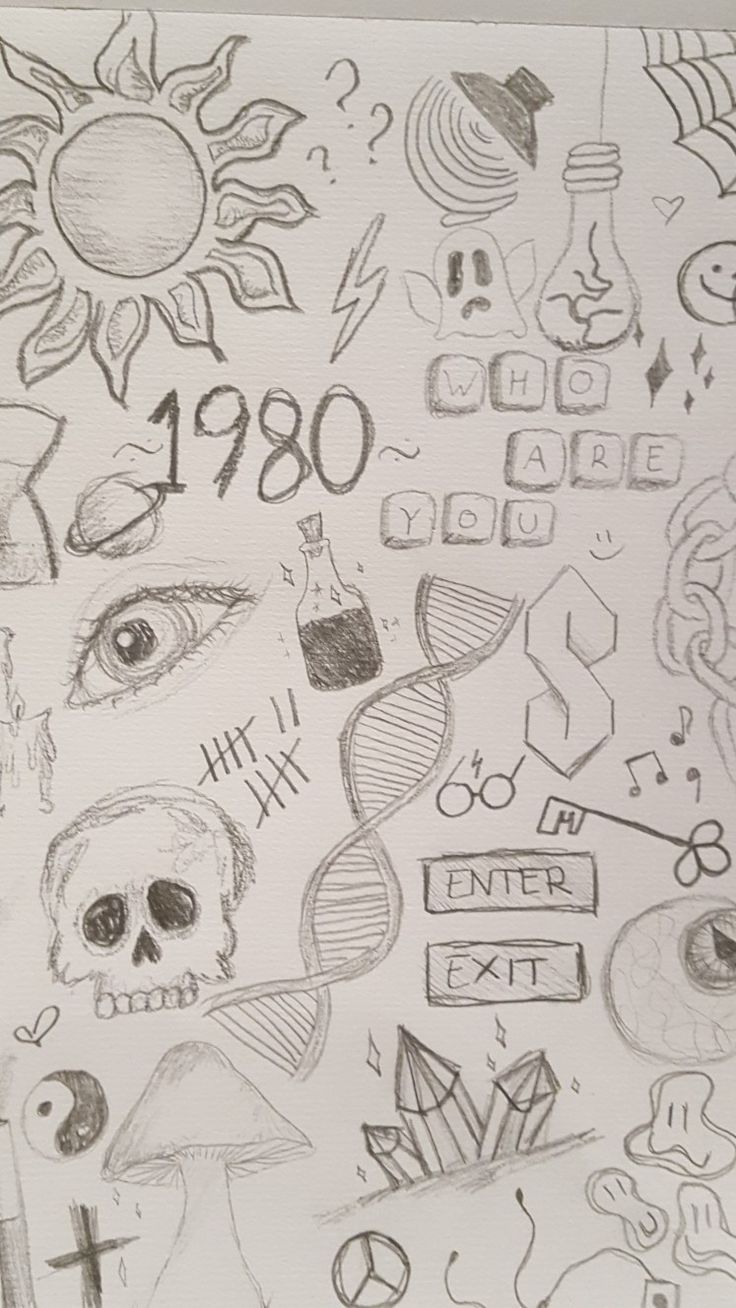 a drawing of skulls and other things on a piece of paper with the words, numbers, and symbols