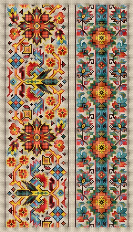 two cross - stitch designs with different colors and patterns on each side, one in the same