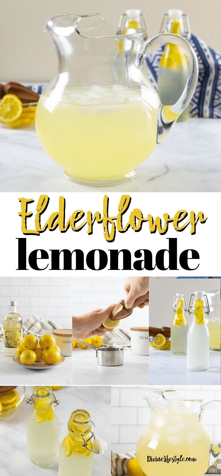 the ingredients for elderflower lemonade are shown in this collage with text overlay