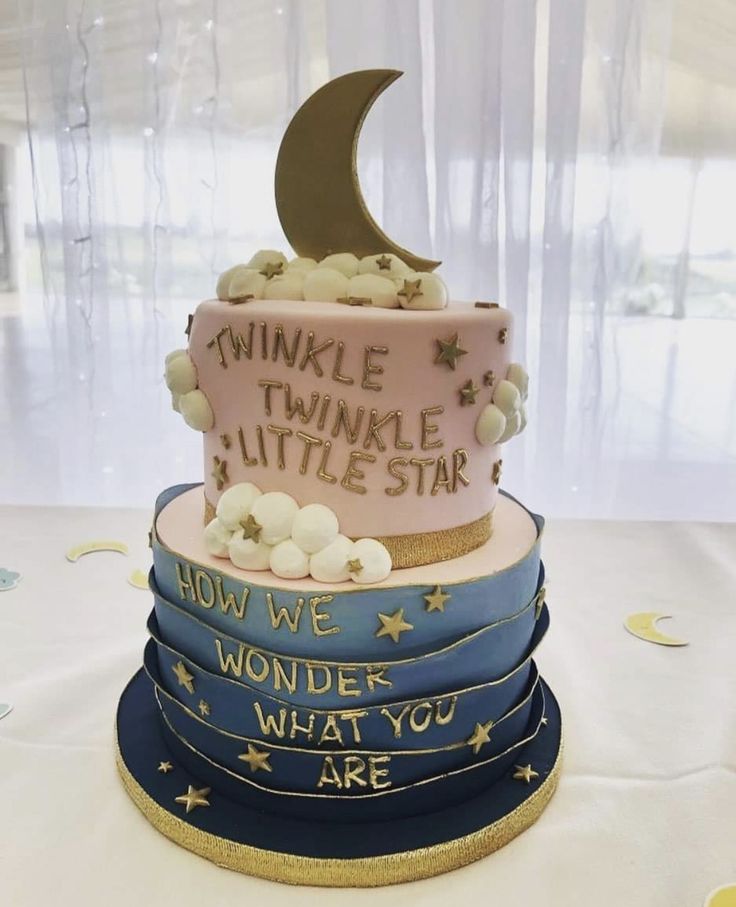 there is a cake that says twinkle little star on the top and below it are five stacked cakes