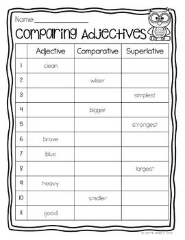 comparing adverities worksheet for students to use in their writing and reading skills