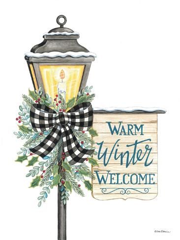 a watercolor painting of a street light with a sign that says warm winter welcome