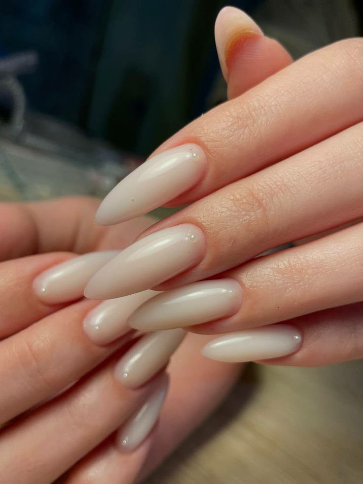 Nails Acrylic Opaque, Milky White Nails Acrylic Almond Long, Soft Stilleto Nails Shape, Glassy White Nails, Long Milky Nails, Milky Gray Nails, Milky Clear Nails, Milky Cream Nails, Milky Stiletto Nails