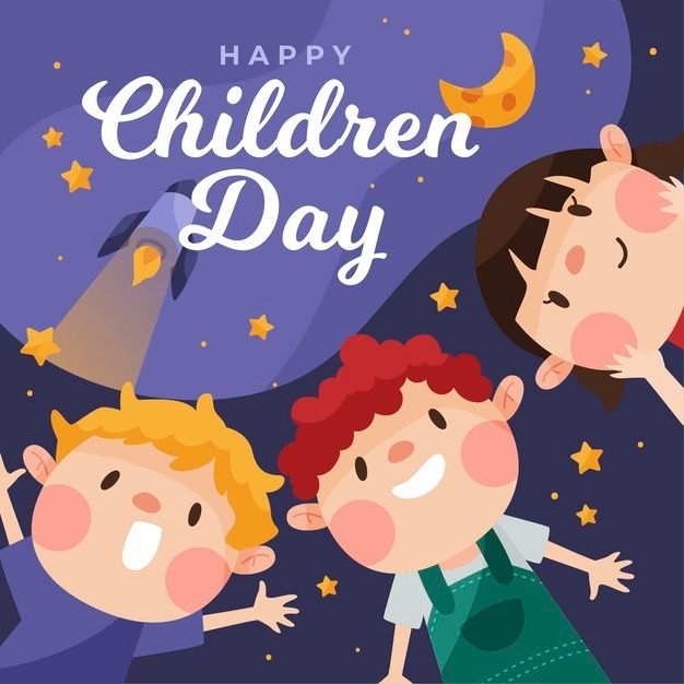 three children are looking at the stars and moon in the sky, with text happy children day