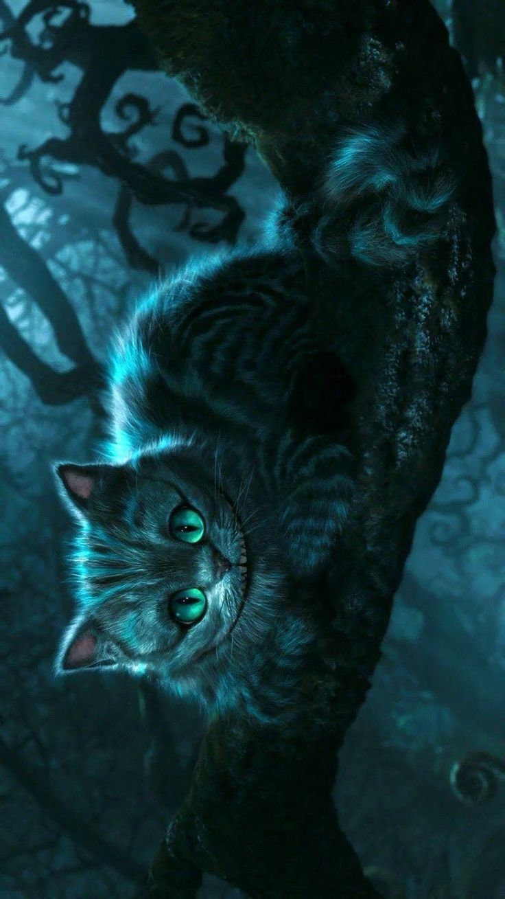 a cat with green eyes standing on a tree branch in the dark forest at night