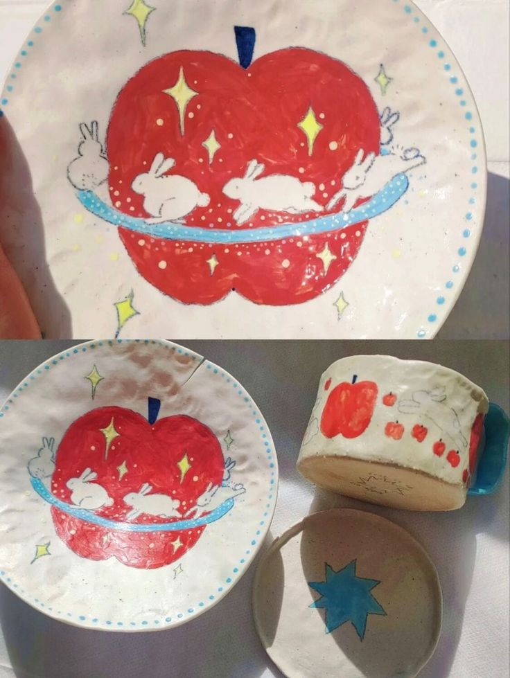 two plates with designs painted on them, one has an apple and the other has stars