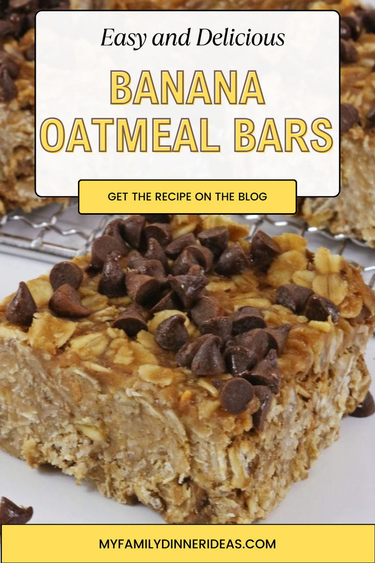 banana oatmeal bars with chocolate chips on top and text overlay that says easy and delicious