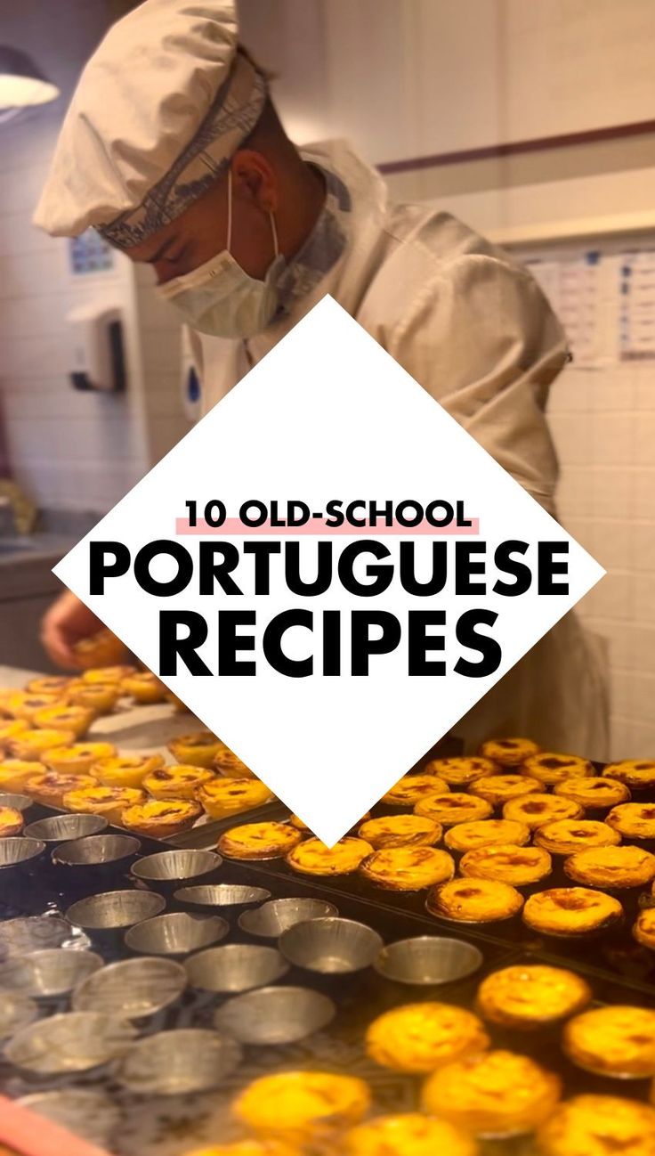 Pin image for authentic Portuguese recipes. It shows a man pouring custard into different pastry cups for Portuguese egg tarts. And over the video is a white diamond shaped space with a title inside that reads, "10 Old School Portuguese Recipes." Portuguese Sopas Recipes, Portuguese Spices, Portuguese Sopas, Portuguese Recipes Traditional, Sopas Recipe, Portuguese Meals, Portuguese Foods, Portuguese Food Recipes, Mediterranean Dinner Recipes