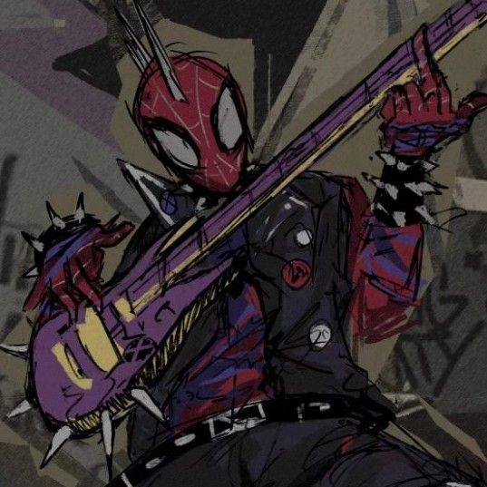 a drawing of a man with a guitar in his hand and spider - man on the back