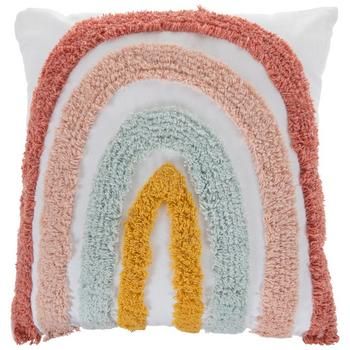 a multicolored pillow with a rainbow on it