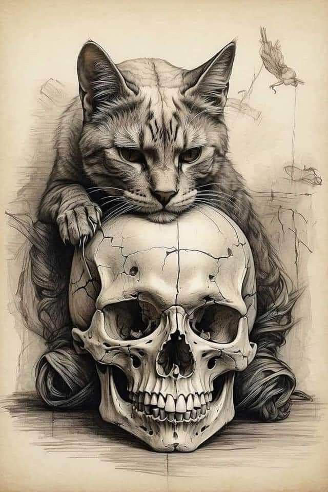 a drawing of a cat sitting on top of a human skull with its eyes closed