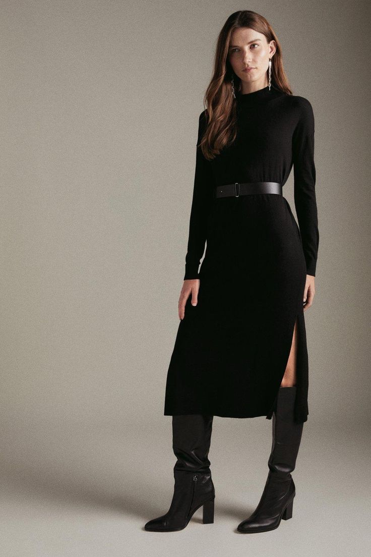 Cashmere Blend Funnel Neck Belted Dress Knitted Dress With Belt, Turtleneck Midi Dress For Workwear, Elegant Winter Dresses With Side Slits, Sleek Turtleneck Workwear Dresses, Classic Sweater Dress For Work, Fall Workwear Midi Dress With Side Slits, Elegant Turtleneck Dress For Work, Sleek Midi Dress With Side Slits For Work, Sleek High Neck Midi Dress For Work