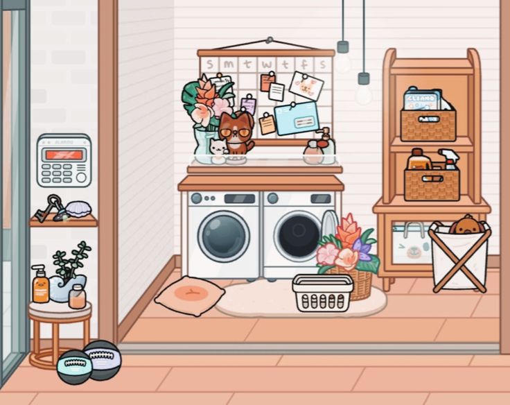 an illustration of a laundry room with the door open