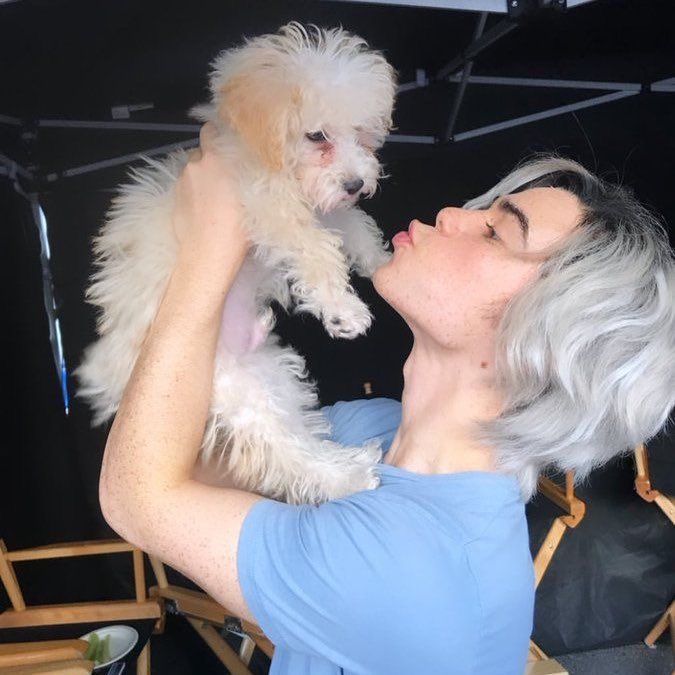 a woman holding a small white dog in her arms and kissing it's face