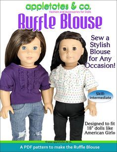 The Ruffle Blouse premium sewing pattern for 18 inch dolls is the perfect top for business or pleasure! Make it fun for a casual day out or professional for a high powered day at the office. PDF pattern features a 3 or 5-ruffle design for feminine and dainty details on this striking blouse. Pair with jeans, leggings, or a skirt for tons of fabulous looks. Also comes complete with detailed instructions to sew a perfect binding for a seamless finish every time. Back secures with hook and loop tape American Girl Clothes Patterns, Blouse Sewing Pattern, Blouse Sewing, American Girl Doll Patterns, American Girl Doll Clothes Patterns, Our Generation Dolls, Doll Sewing Patterns, American Girl Clothes, Blouse Pattern Sewing