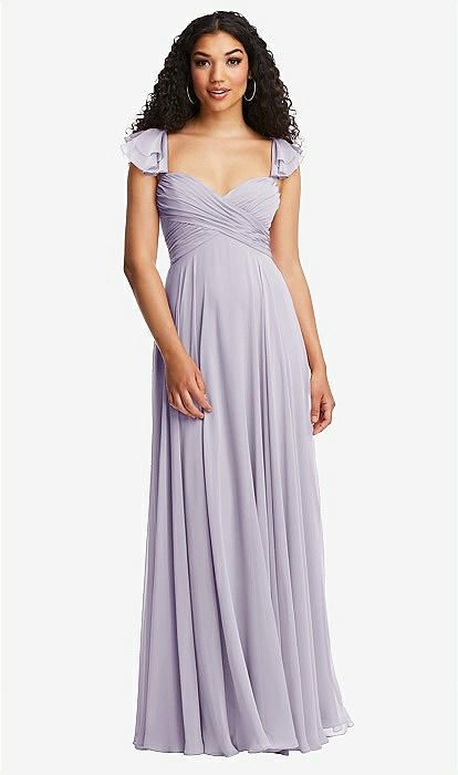 Shirred Cross Bodice Lace Up Open-back Maxi Bridesmaid Dress With Flutter Sleeves In Moondance | The Dessy Group Purple Chiffon Dress, Conservative Dresses, Dress With Flutter Sleeves, Open Back Maxi Dress, Peony Pink, Social Dresses, Floor Length Prom Dresses, Dusty Rose Dress, Full Skirt Dress