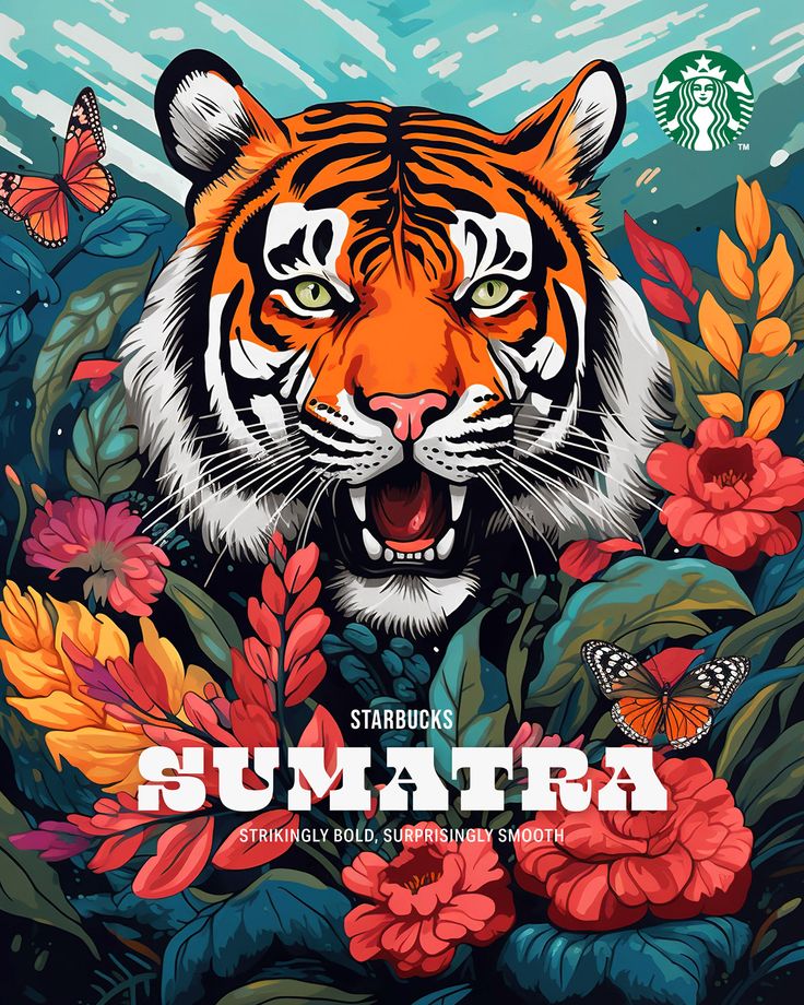 a tiger with its mouth open in front of flowers and butterflies on the cover of starbucks