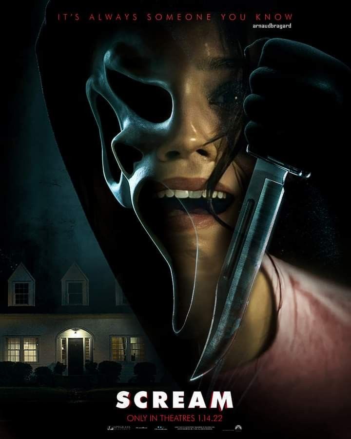 the poster for scream is shown in front of a house with a creepy face and large knife