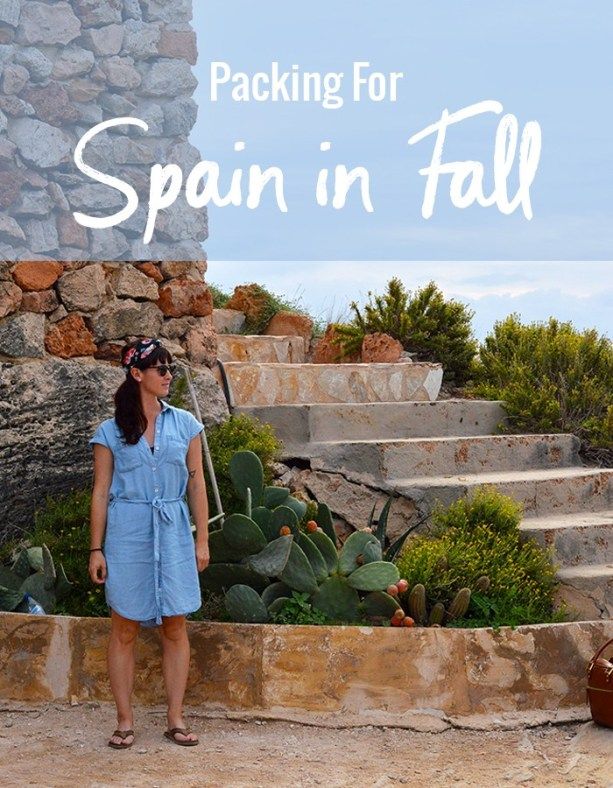 a woman standing in front of some steps with the words packing for spain in fall