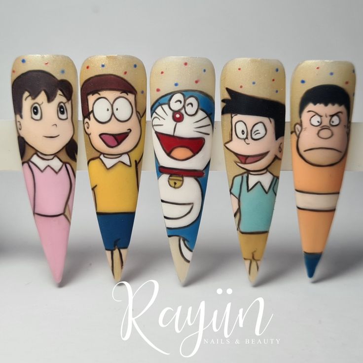 Shinchan Nail Art, Doraemon Nail Art, Nail Art Designs Cartoon, Nail Art Cartoon Characters, Cartoon Character Nail Art, Cartoon Nail Art Designs, Animation Nails, Cartoon Nail Designs, Character Nails