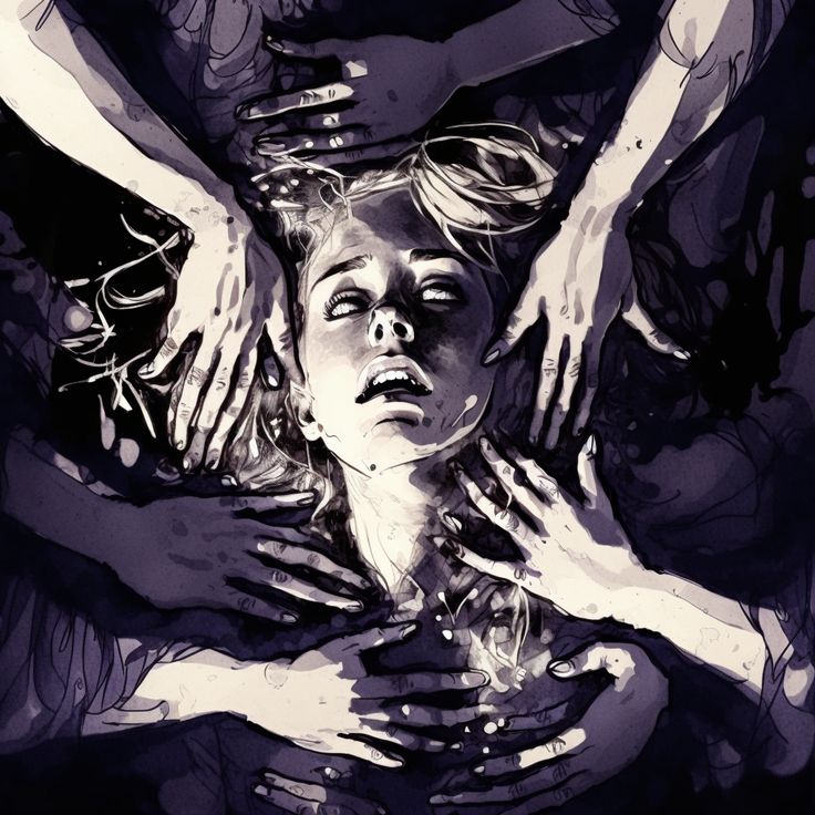 woman is surrounded and covered by hands, drowning in hands, horror atmosphere but mostly dark and foreboding hands. Horror Love Art, Body Horror Pose Reference, Horror Drawings Aesthetic, Body Horror Art Reference, Face Gore Art, Gothic Horror Artwork, Body Horror Inspiration, Horror Women Art, Indie Horror Art