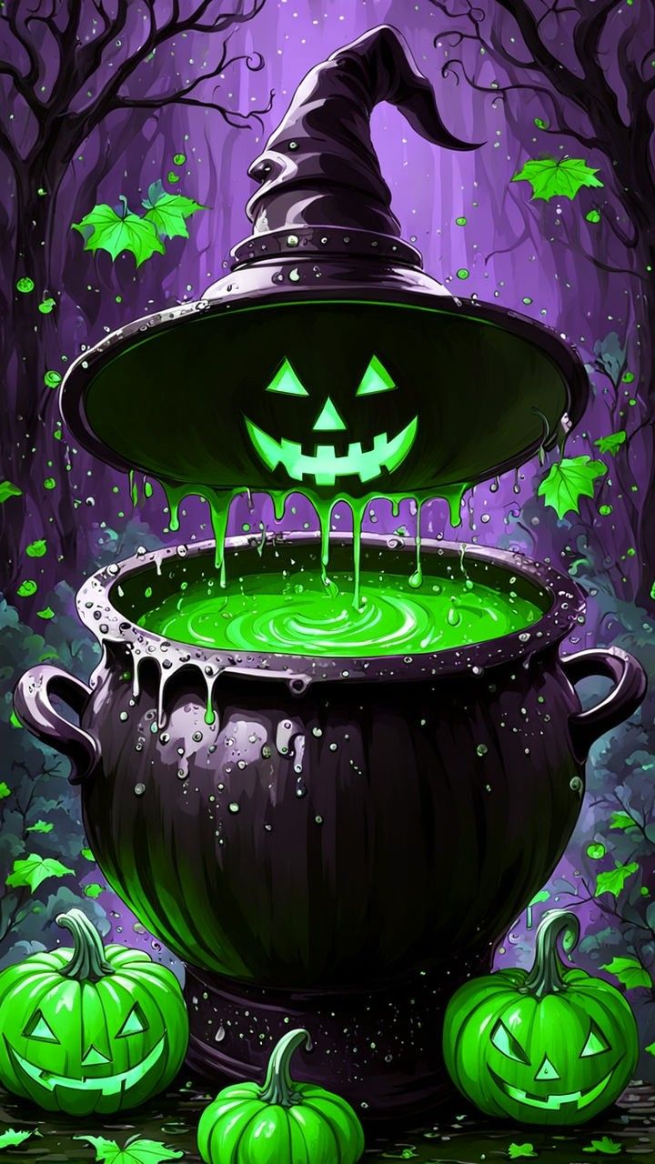 a witches caulder filled with green liquid and glowing jack - o'- lanterns